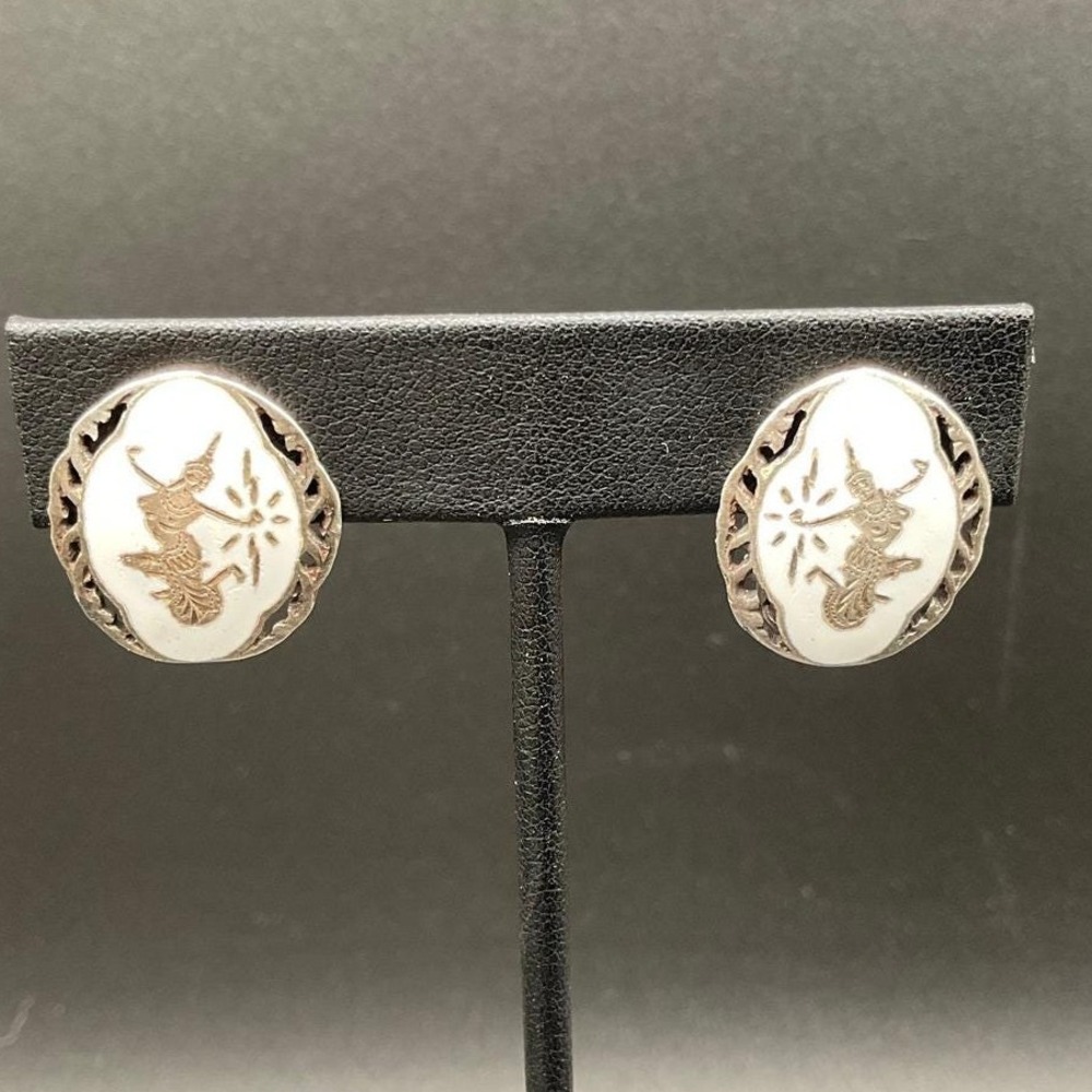 Vintage Siam Sterling Clip-On Earrings Niello Style White Enamel Dancing Figure